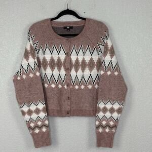 Frye Cardigan Fair Isle Argyle Rose Pink Soft Girl Twee Preppy Size L